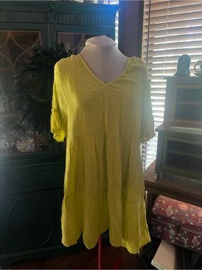 Velvet Chartreuse green-Neck Women's boho gauzy cotton Tunic  large dress